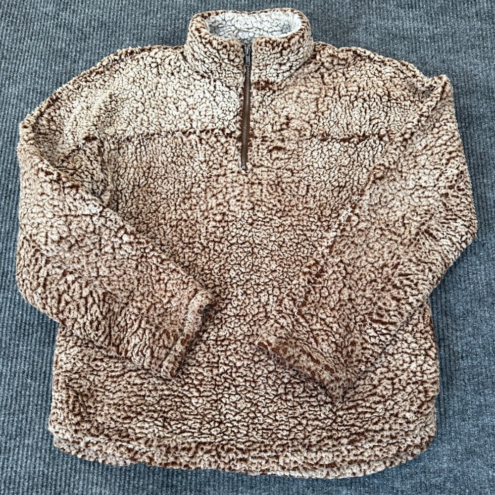 Altar'd State Quarter-Zip Sherpa Pullover Medium Brown Fuzzy Fleece